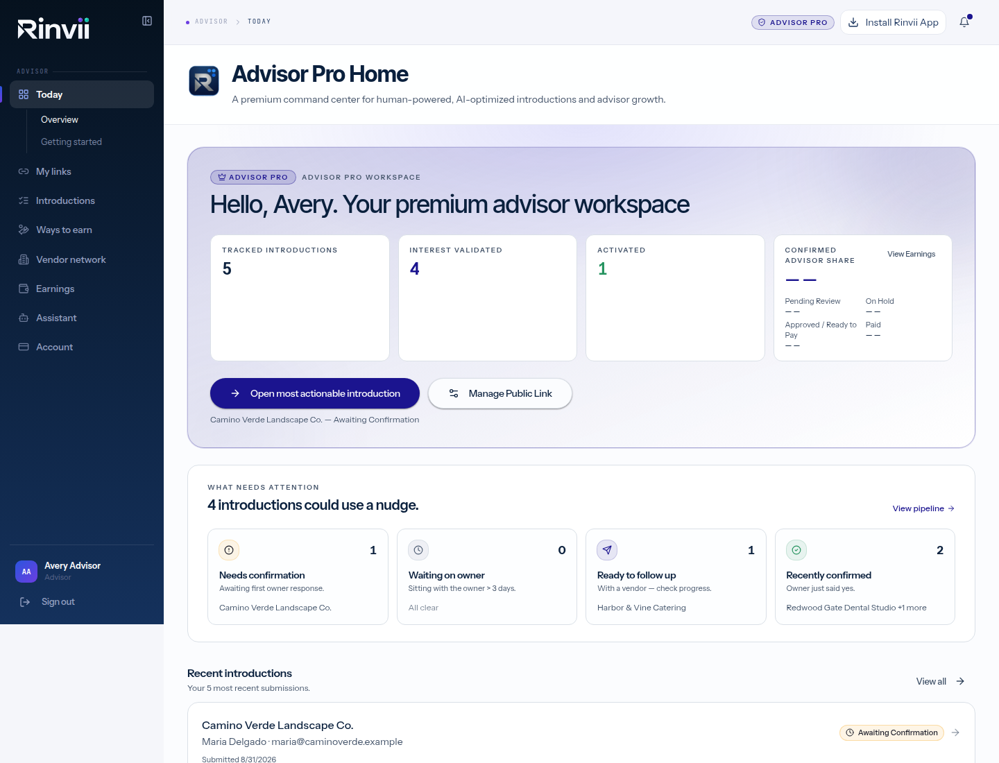 The Rinvii Advisor dashboard's Today view — introductions with their current statuses, illustrative Advisor with example data