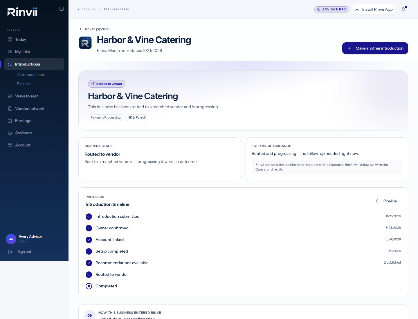 One introduction's detail page — the stage timeline and the Vendor's activity, illustrative Advisor with example data