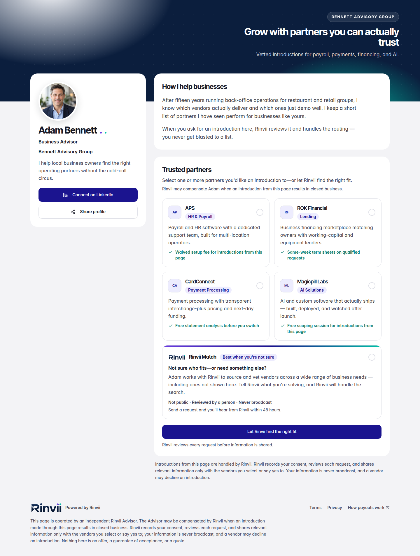 A Rinvii Advisor's public profile page — illustrative example with synthetic data