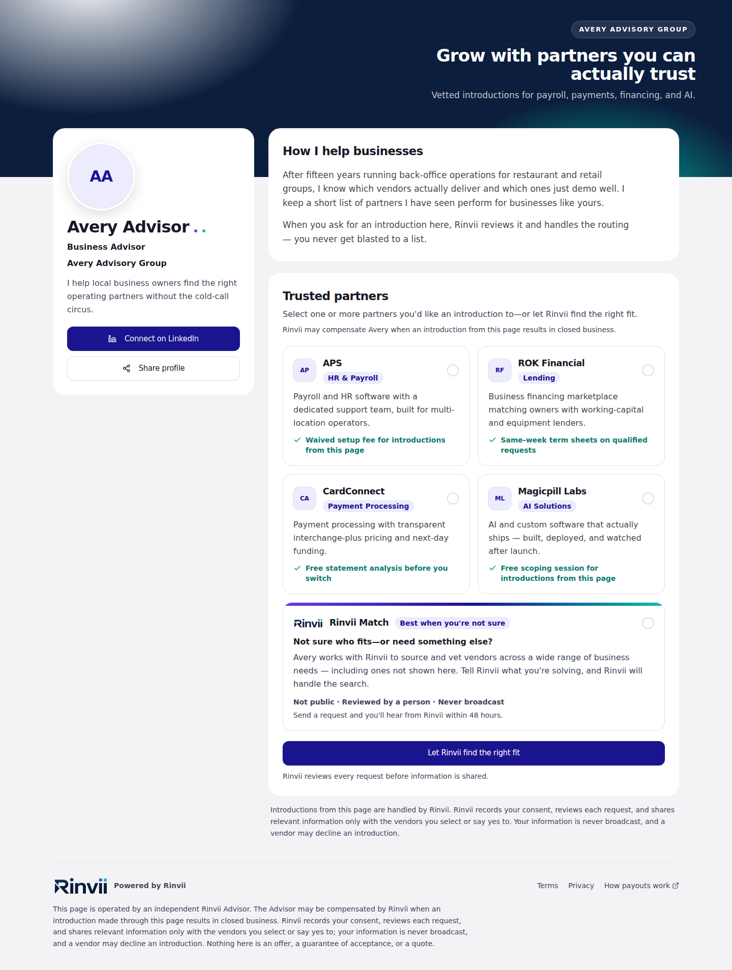 A Rinvii Advisor's public profile page — illustrative example with synthetic data