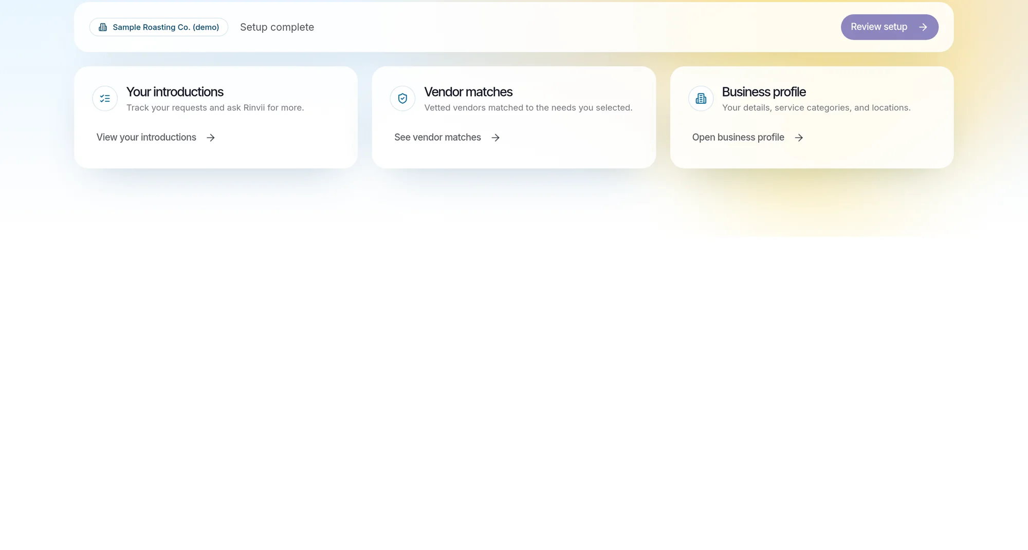Real product screenshot of the Rinvii business owner dashboard — example business data.