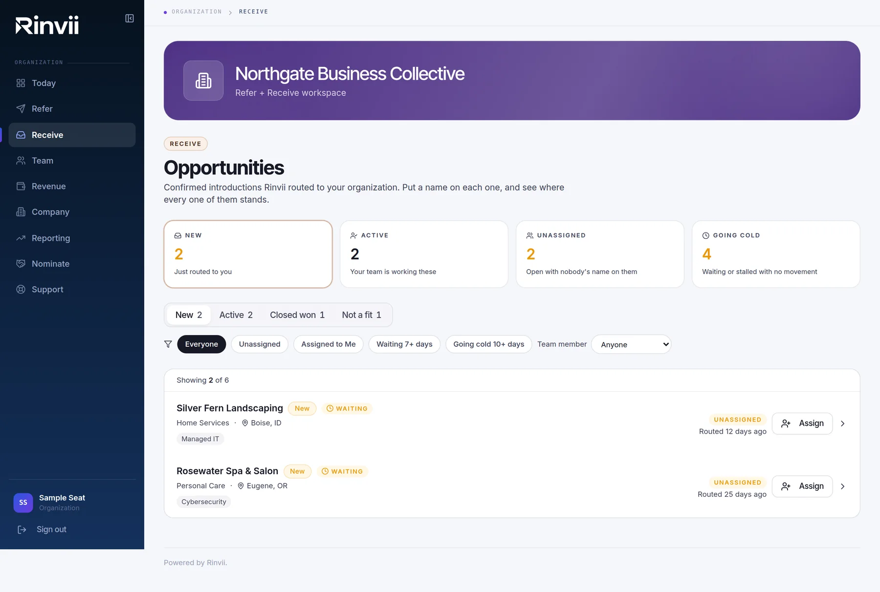 Real product screenshot of the Rinvii opportunities board — example workspace data.